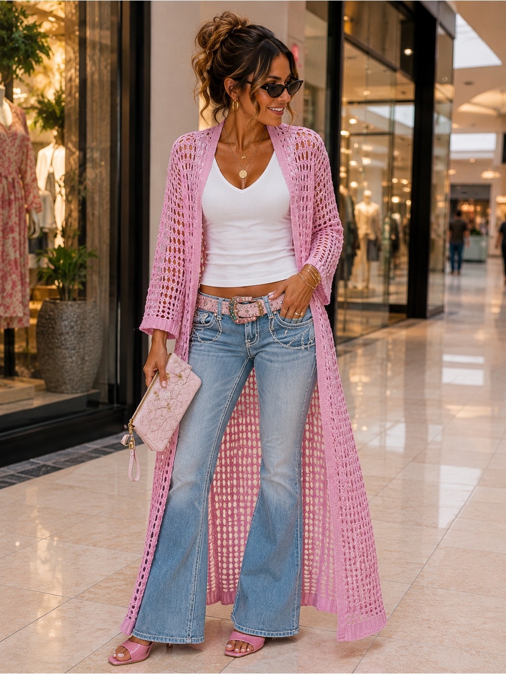 Women's Pink Open-Knit Duster Cardigan Sweater